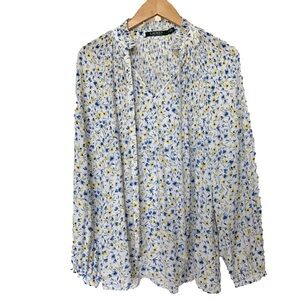 Lauren Ralph Lauren Blouse Womens Size M Floral Pleated V-Neck Long Sleeve Flowy